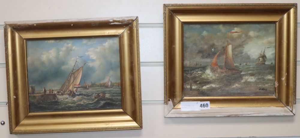 A. Hess, pair of oils on board, Shipping off the coast, signed, 19 x 24cm